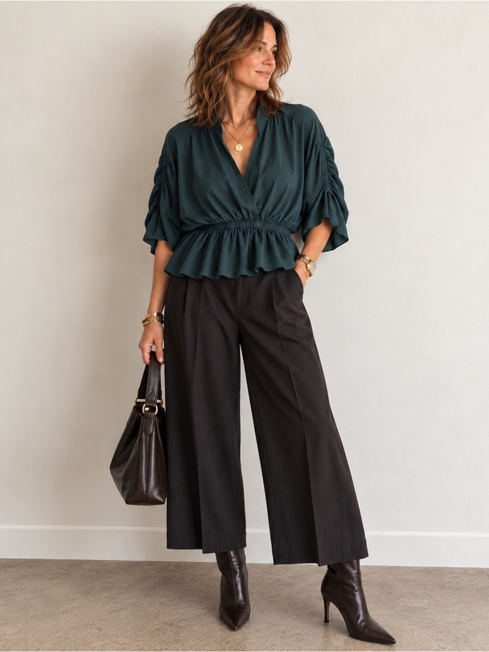 Maeve Anthropologie Deep Teal Ruched V Neck Peplum Blouse Women’s L